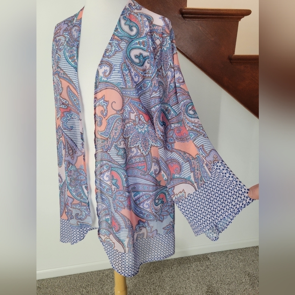 Soft Surroundings M Kimono Duster Cardigan Tunic Top 3/4 Sleeve Sheer Floral - Picture 5 of 6